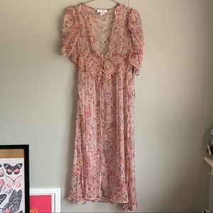 Pink floral puff sleeve duster kimono